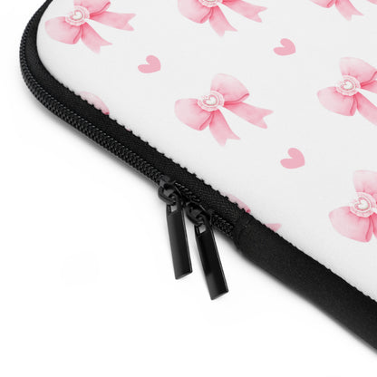Pink Bow Pattern Laptop Sleeve — Cute Girly Heart & Bow Protective Case