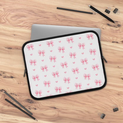 Pink Bow Pattern Laptop Sleeve — Cute Girly Heart & Bow Protective Case