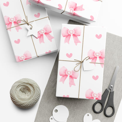 Pink Bow & Hearts Gift Wrap Paper, Christmas Wrapping Paper