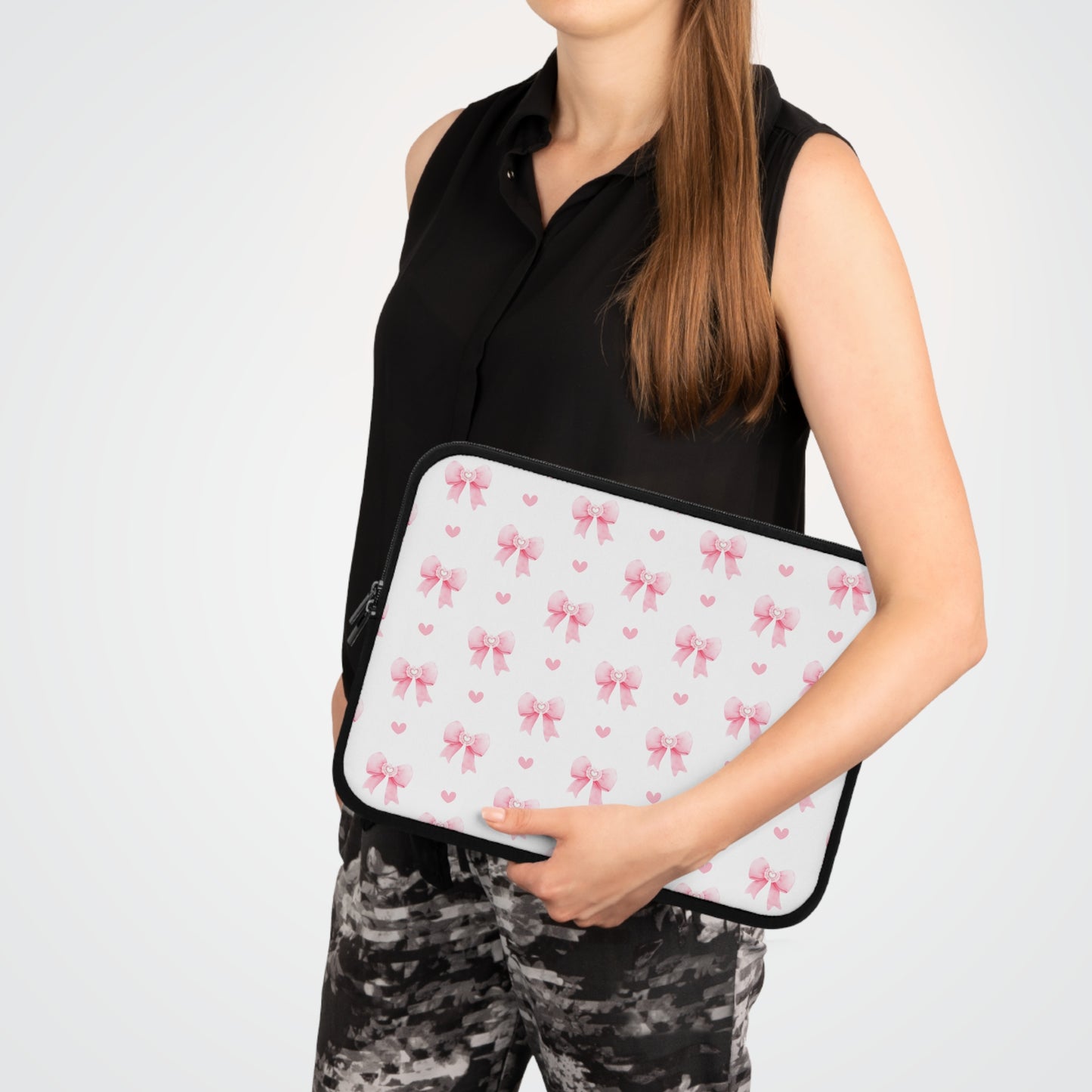 Pink Bow Pattern Laptop Sleeve — Cute Girly Heart & Bow Protective Case