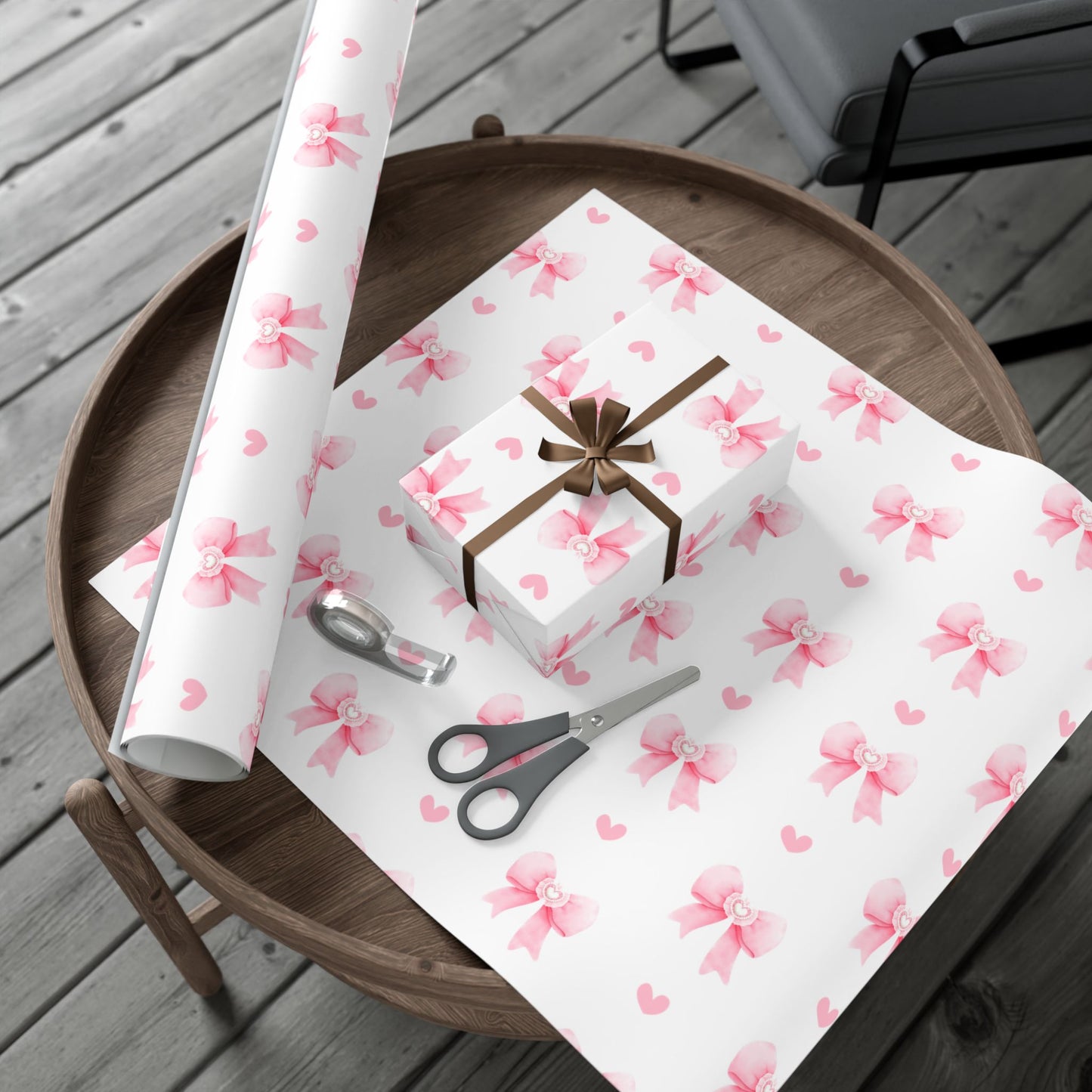 Pink Bow & Hearts Gift Wrap Paper, Christmas Wrapping Paper