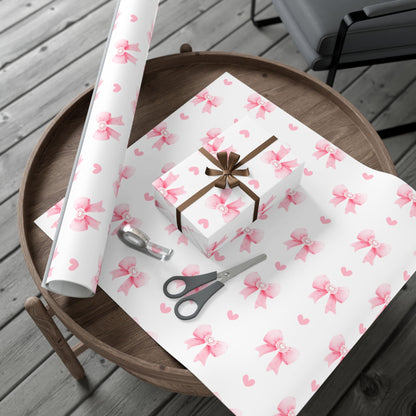 Pink Bow & Hearts Gift Wrap Paper, Christmas Wrapping Paper