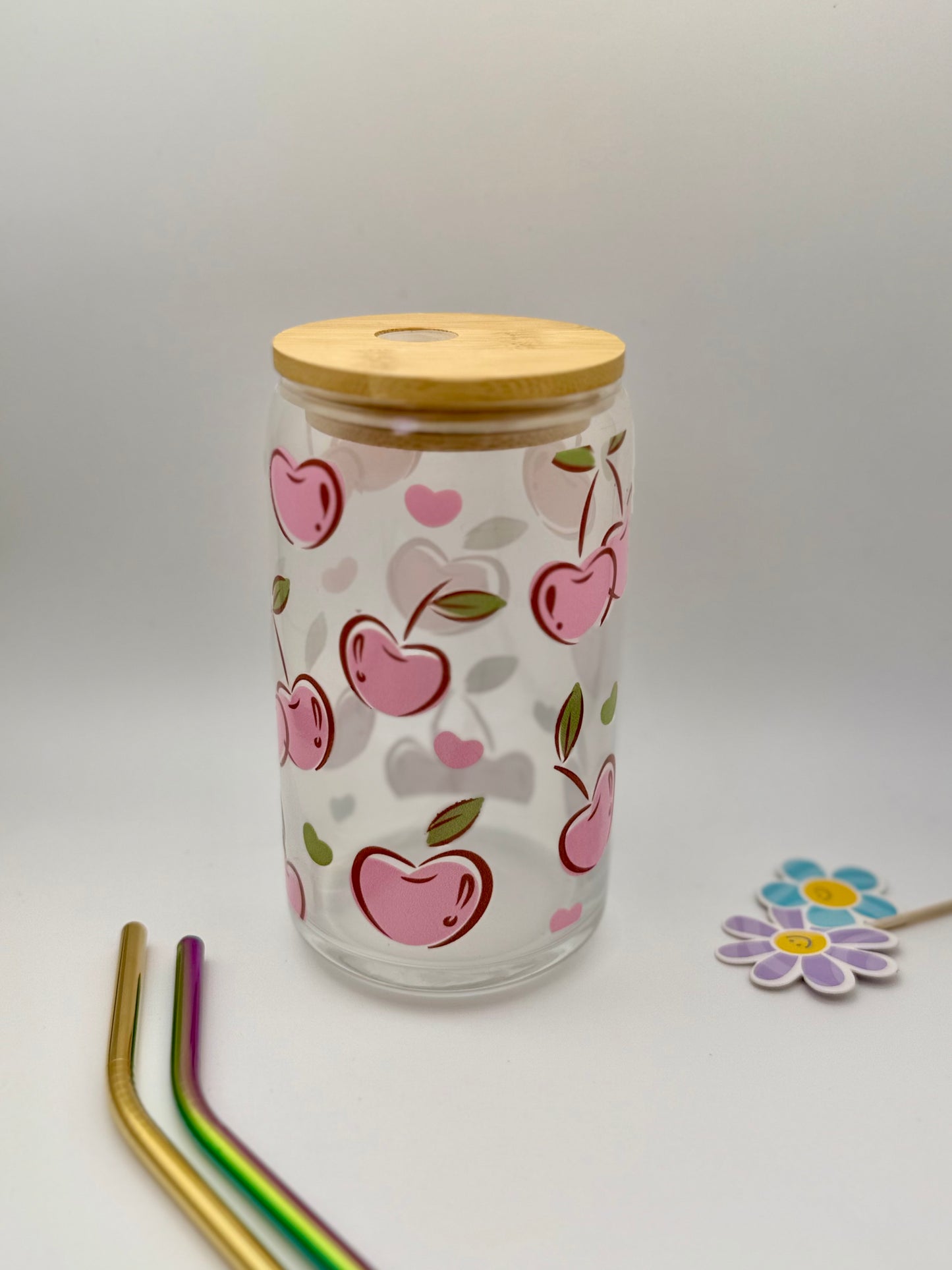 Pink cherries glass cup