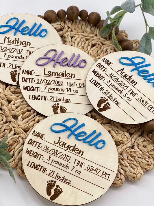 Newborn baby Hello Sign + Engraved Baby Info.