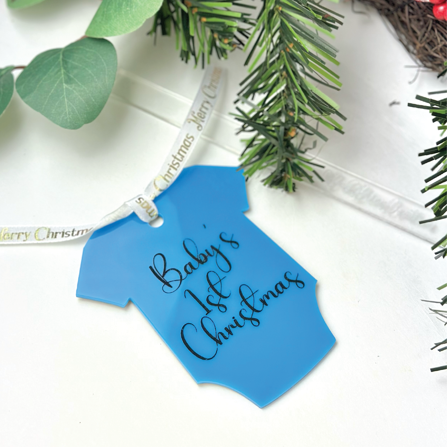 Baby First Christmas Ornament, Christmas tree, Baby onesies , acrylic charm